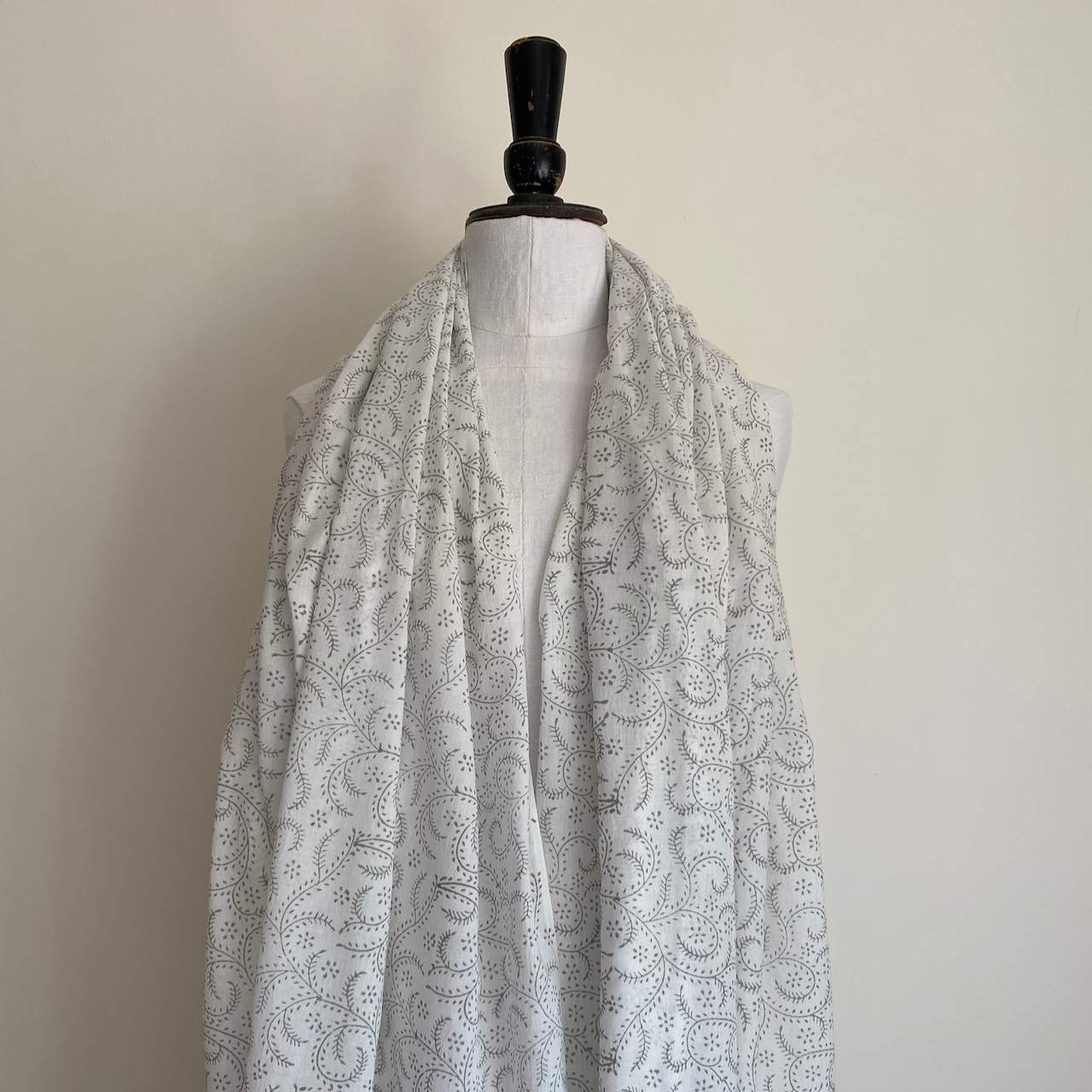 Grey Handloom Block Printed Cotton Scarf
