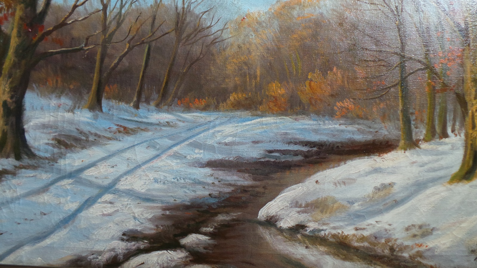 WINTER LANDSCAPE - RIVER IN FOREST. OIL PAINTING BY S. WIIG