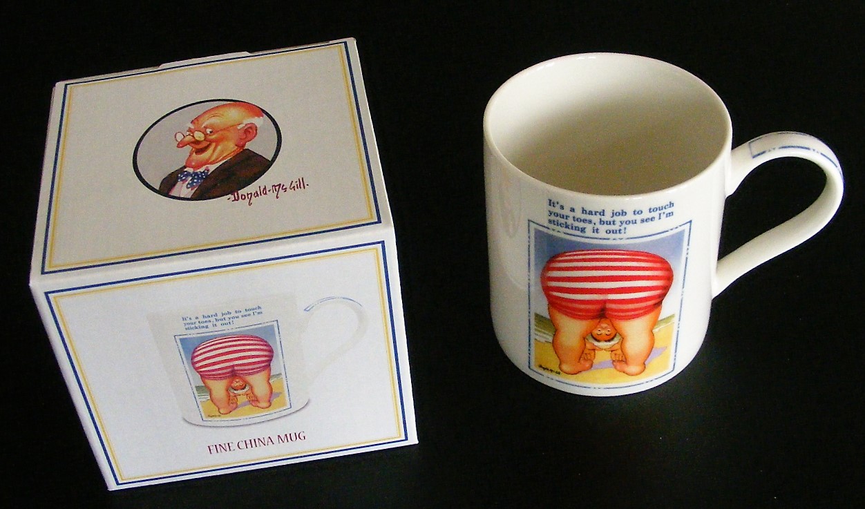 Two Donald McGill China Mugs with matching heat protective Coasters