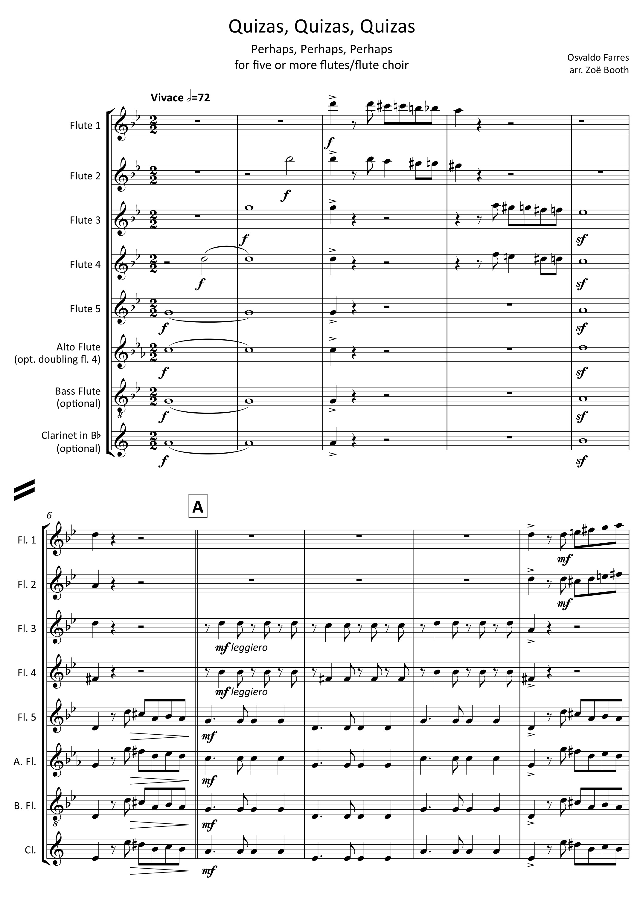 Quizas, Quizas, Quizas by Farres, arranged by Zoë Booth for five or more flutes/flute choir