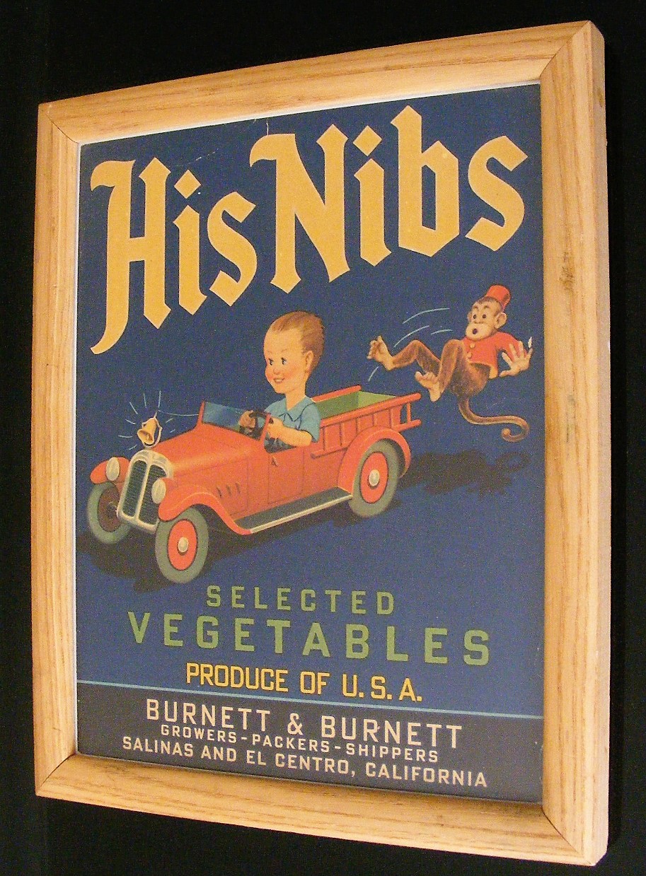 Original vintage 1940’s vegetable crate label, His Nibs USA. Framed