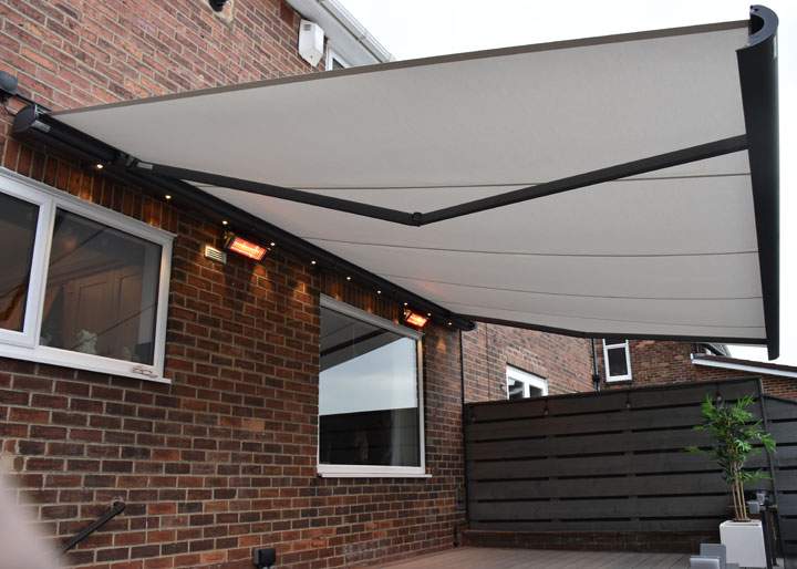 Awning with lights and heaters