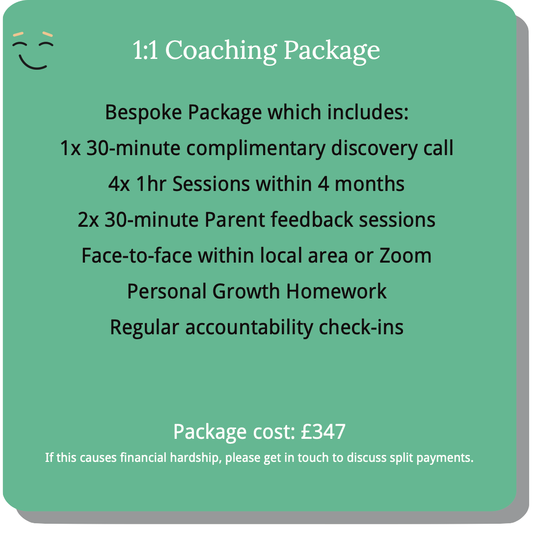 1 to 1 coaching package for teens. Four or eight one-hour sessions.