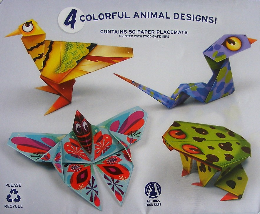 Bird, butterfly, frog, and snake origami placemats