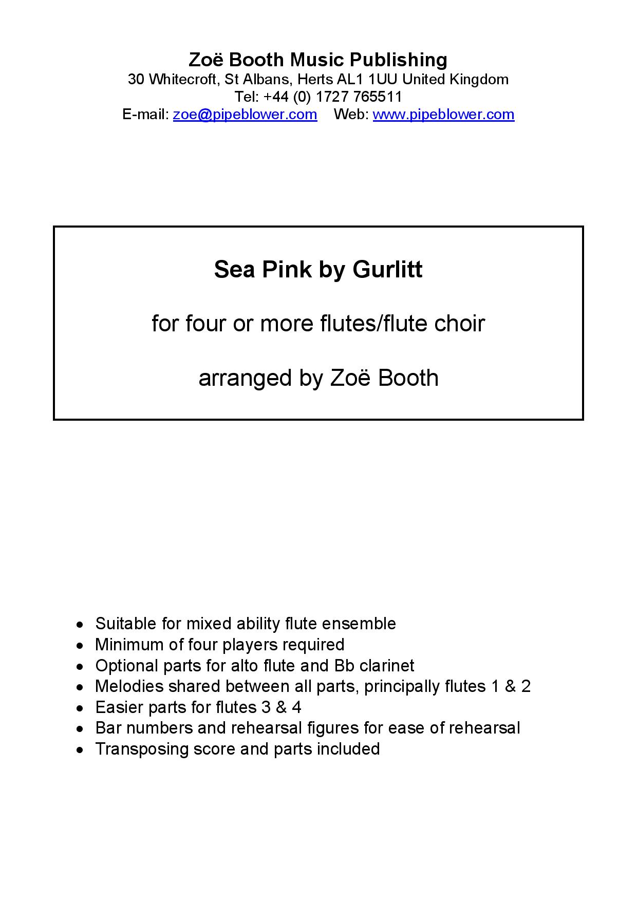 Sea Pink by Gurlitt  arranged by Zoë Booth for four or more flutes/flute choir