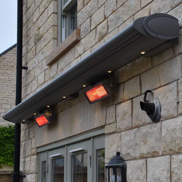 Opal LED awning with closed casstte with 2 Tempura heaters