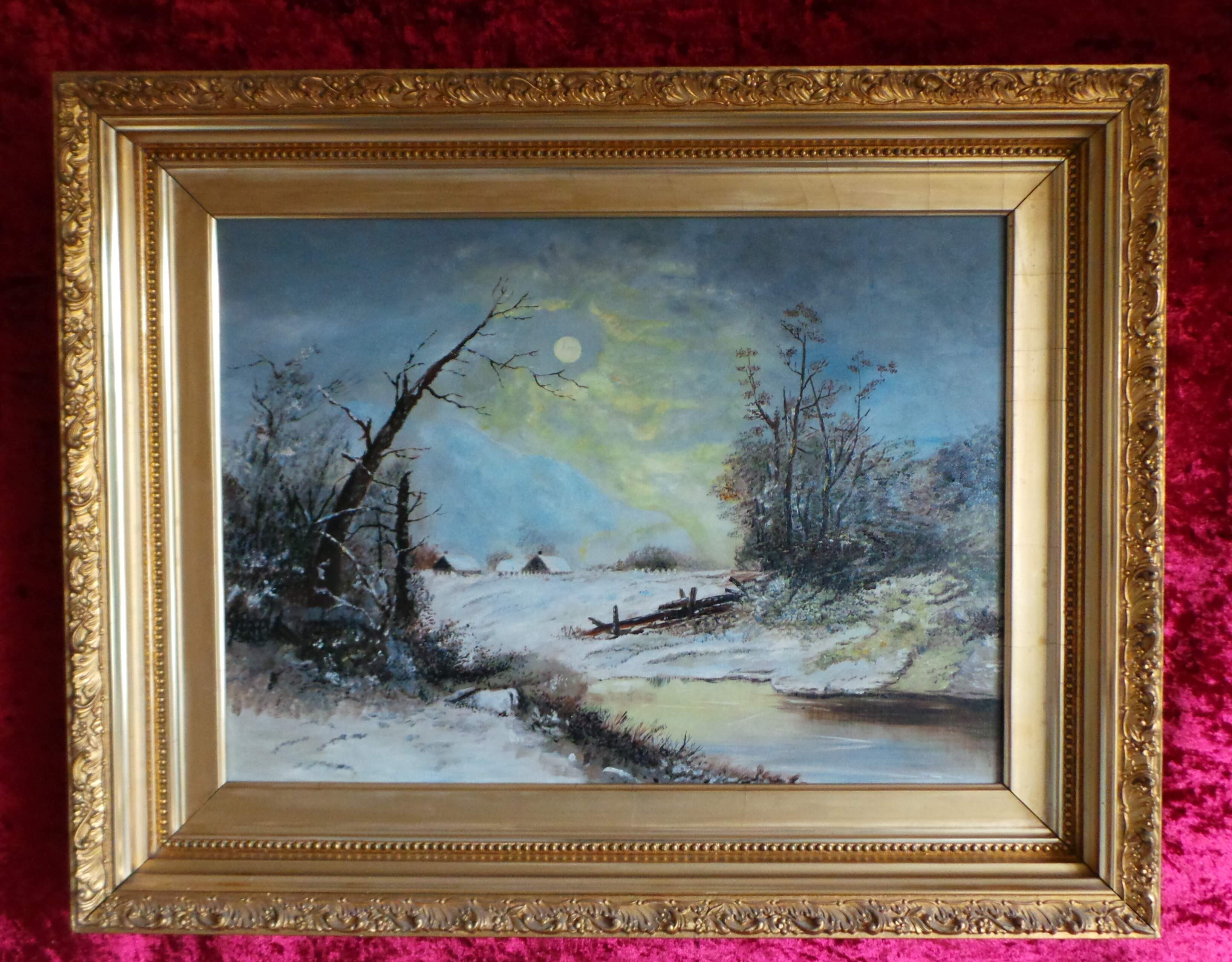 WINTER NOCTURNE OF A SLEEPING VILLAGE. BEAUTIFUL OIL PAINTING ON CANVAS.