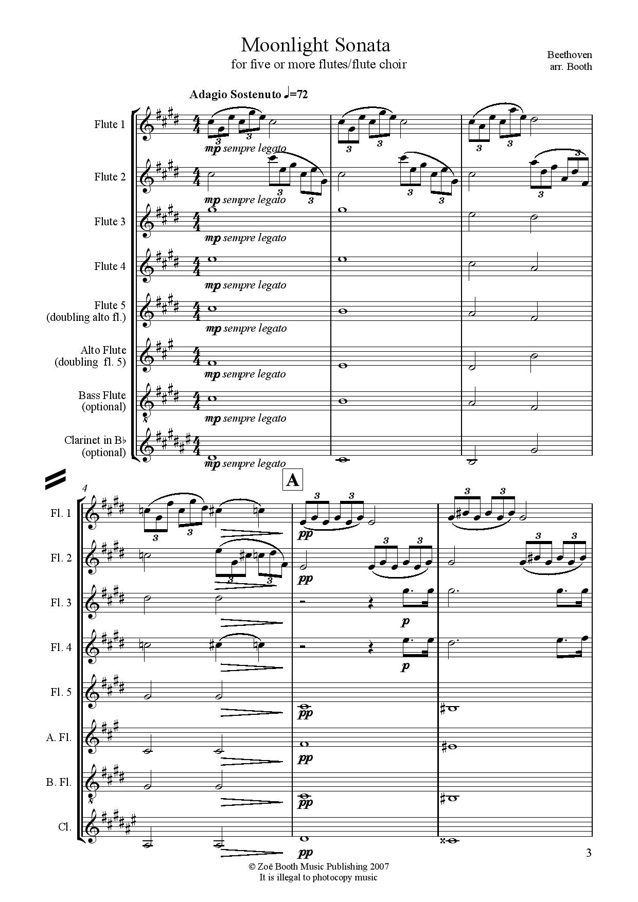 Moonlight Sonata by Beethoven,  arranged by Zoë Booth for five or more flutes/flute choir