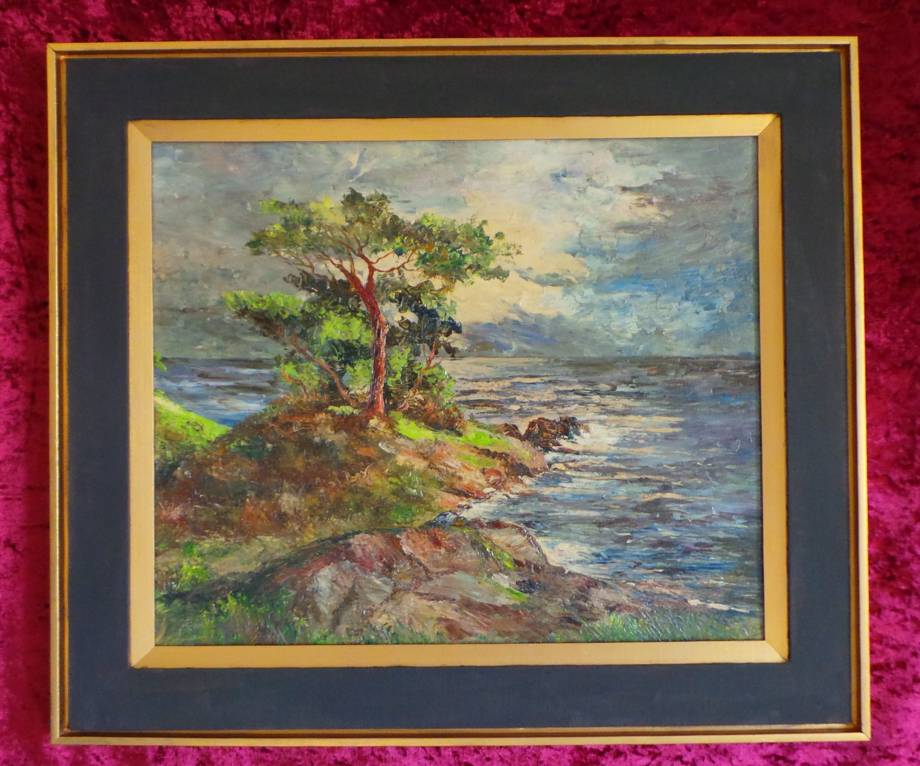 SEASIDE IMPRESSION AT A SUNSET. AN OIL PAINTING ON BOARD. (1964)