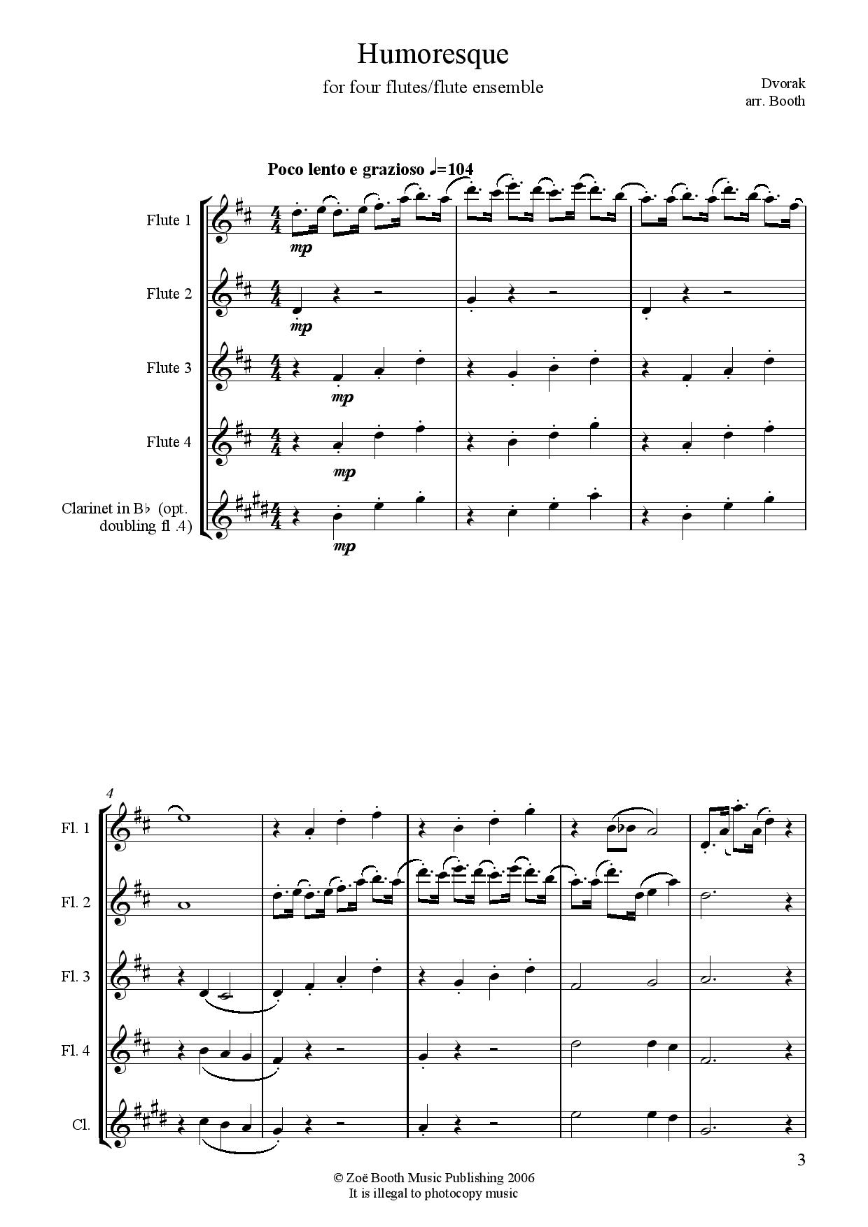 Humoresque by Dvorak,  arranged by Zoë Booth for four or more flutes/flute choir