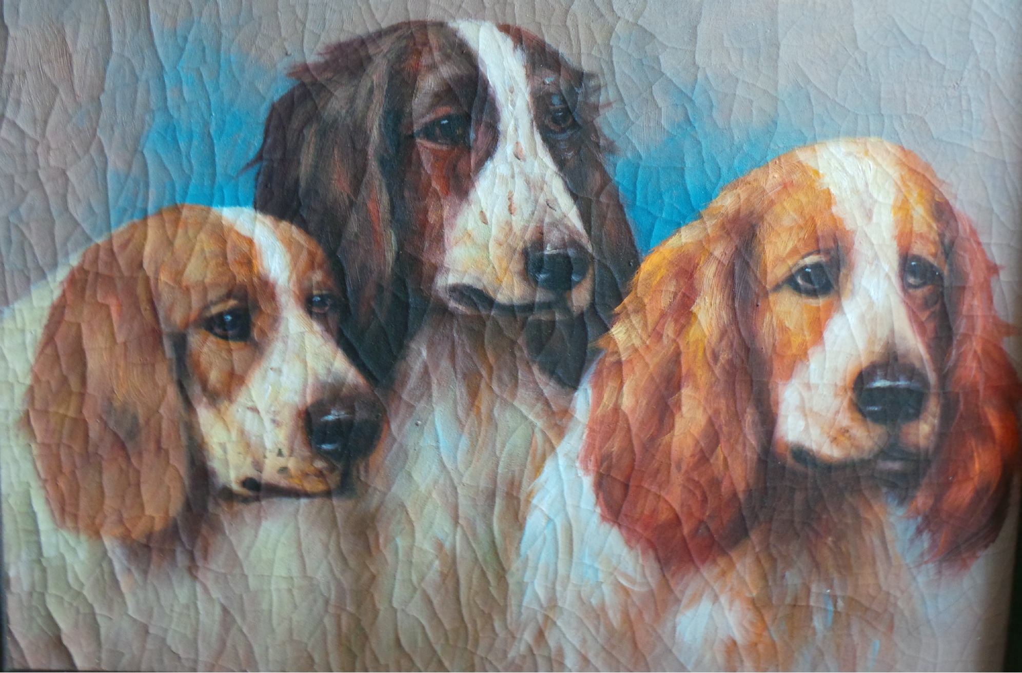 VINTAGE OIL PAINTING ON CANVAS PORTRAIT OF THREE DOGS.