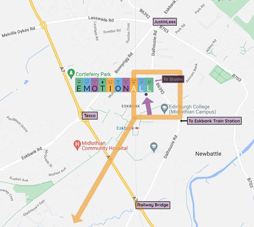 Map of the wider area around the EmotionALL studio, with directions.