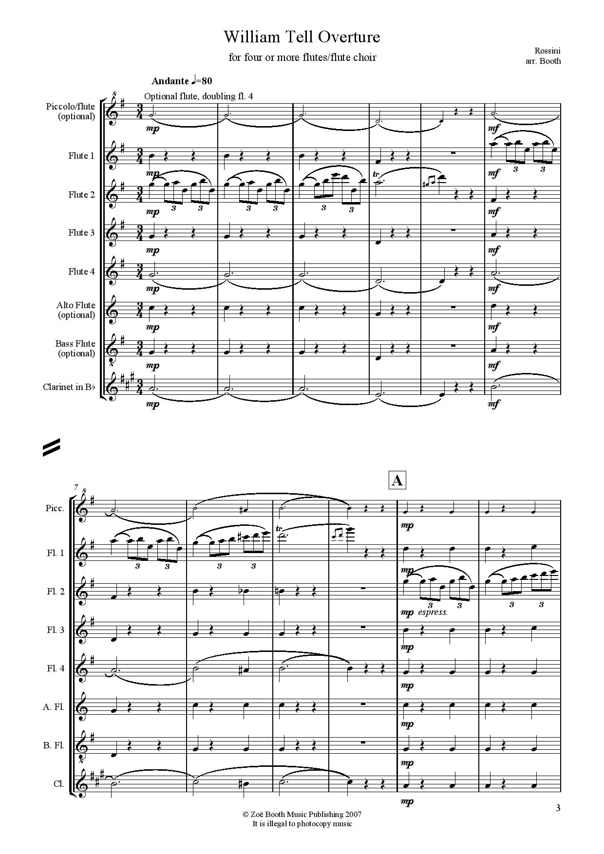 The William Tell Overture by Rossini,  arranged by Zoë Booth for four or more flutes/flute choir